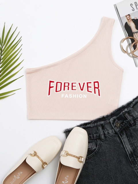

URBANIC Off White & Red Printed One Shoulder Fitted Crop Top