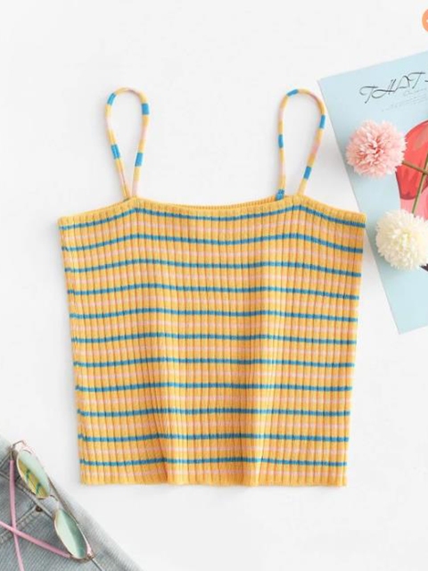 

URBANIC Yellow & Teal Blue Striped Fitted Crop Top