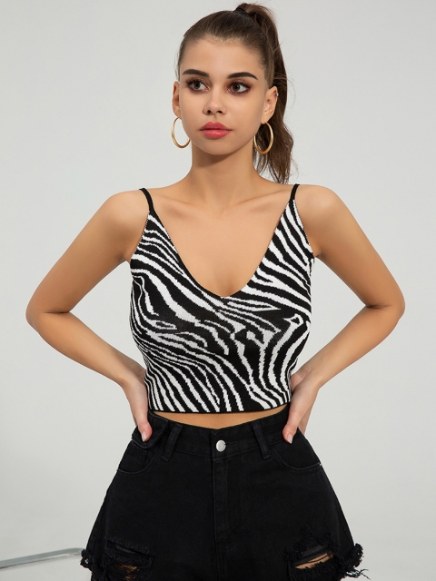 

URBANIC Black & White Zebra Self-Design Fitted Crop Top