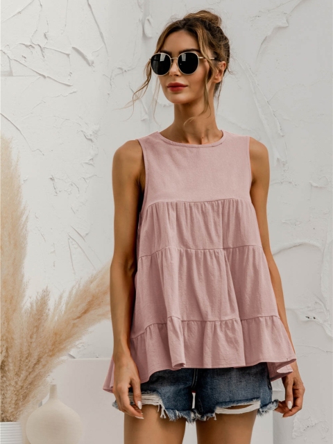 

URBANIC Women Pink Solid Relaxed Fit Cotton Tiered A-Line Top