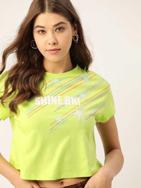 

DressBerry Women Fluorescent Green & White Printed Cropped T-shirt