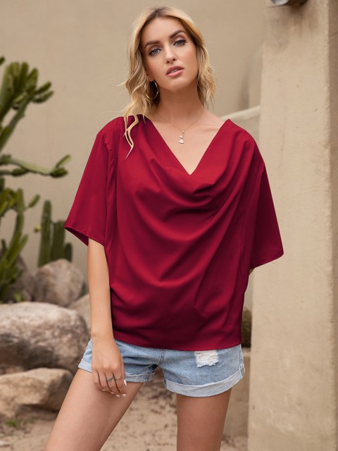 

URBANIC Burgundy V-Neck Top With Flared Sleeves