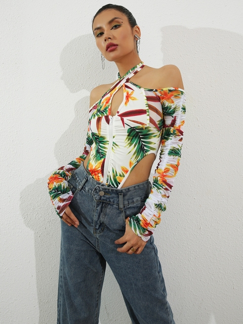 

URBANIC White & Green Tropical Halter Neck Fitted Top