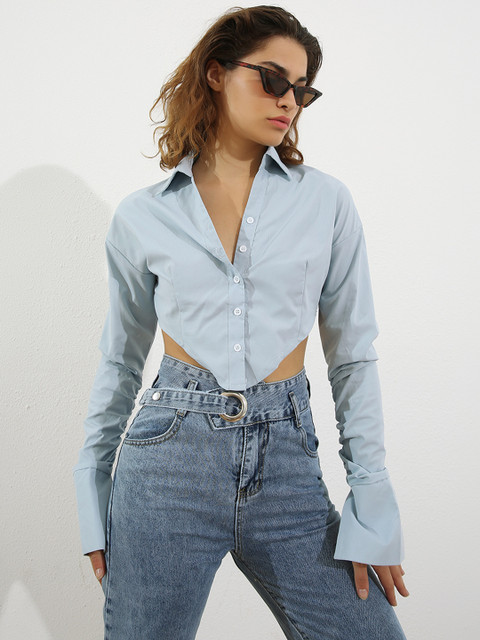 

URBANIC Women Blue Solid Opaque Asymmetric Hem Casual Shirt