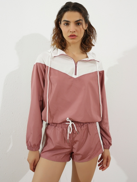 

URBANIC Women Mauve & White Colourblocked Hooded Sweatshirt