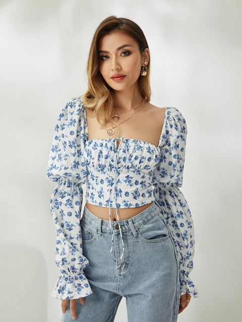 

URBANIC Blue & White Floral Print Ruched Crop Victorian Fitted Top