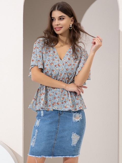 

URBANIC Blue & Orange Floral Print Wrap Cinched Waist Top