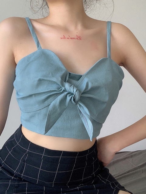 

URBANIC Blue Cotton Denim Crop Top with Bow Detail