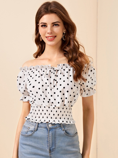 

URBANIC White & Black Polka Dot Print Off-Shoulder Smocked Cinched Waist Top