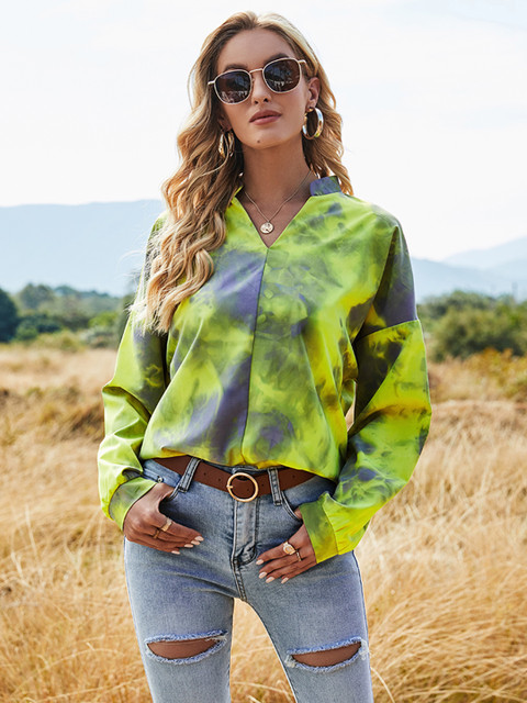 

URBANIC Yellow & Blue Tie and Dye Mandarin Collar Shirt Style Top