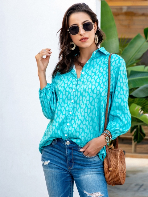 

URBANIC Turquoise Blue Geometric Print Gathered Shirt Style Top