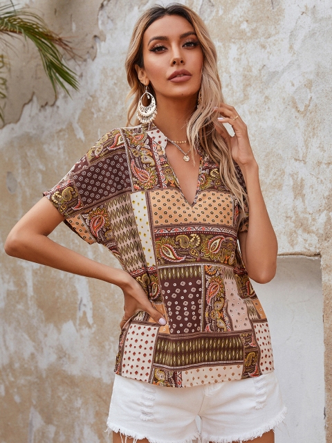

URBANIC White & Brown Mandarin Collar Extended Sleeves Regular Top
