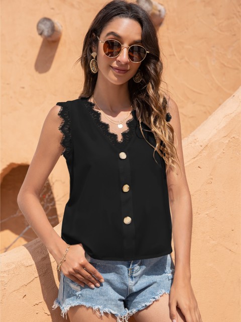 

URBANIC Black V-Neck Lace Inserts Top