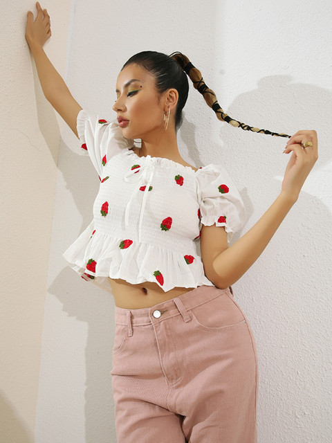 

URBANIC White & Red Floral Print Smocked A-Line Crop Top