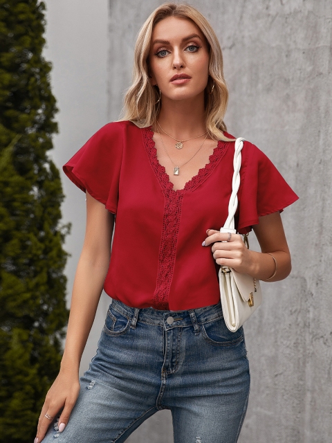 

URBANIC Women Red Solid Top with Lace Inserts