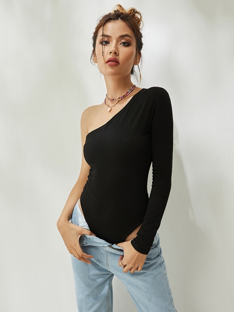 

URBANIC Women Black Solid Cotton One-Shoulder Bodysuit