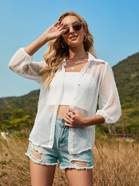 

URBANIC Women White Solid Dobby Weave Self Design Sheer Shirt Style Top