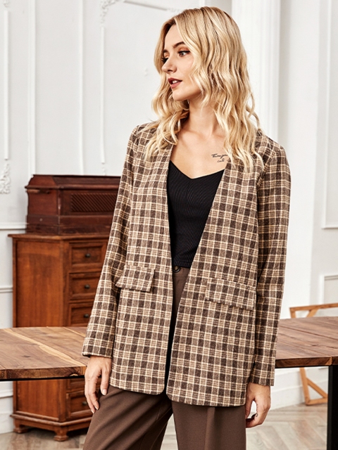 

URBANIC Women Brown and Beige Checked Relaxed Fit Open Front Blazer