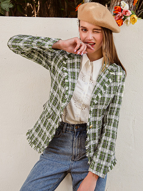 

URBANIC Women Olive Green and White Checked Relaxed Fit Single Breasted Blazer