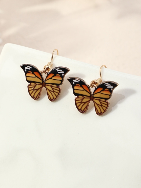 

URBANIC Mustard Yellow & Black Printed & Enamelled Butterfly Shaped Drop Earrings