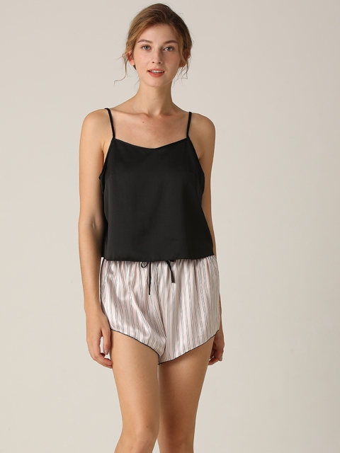 

URBANIC Women Black & Off-White Solid Shorts Set