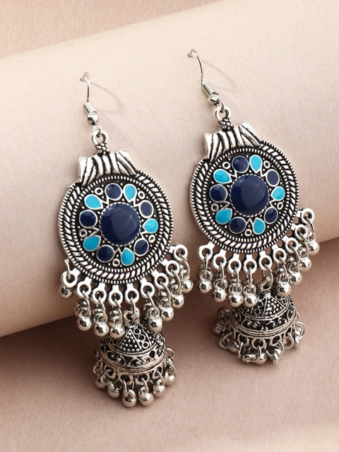 

URBANIC Silver-Toned & Blue Oxidised Dome Shaped Enamelled Jhumkas