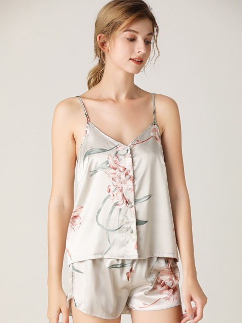 

URBANIC Women Grey & Rust Orange Floral Printed Satin Finish Night suit
