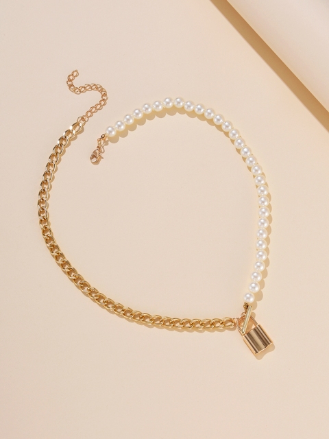 

URBANIC Gold-Toned & Off-White Beaded Lock Detail Necklace