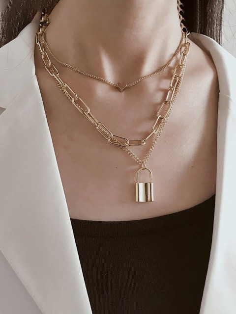

URBANIC Gold-Toned Layered Necklace with Lock Shaped Detail