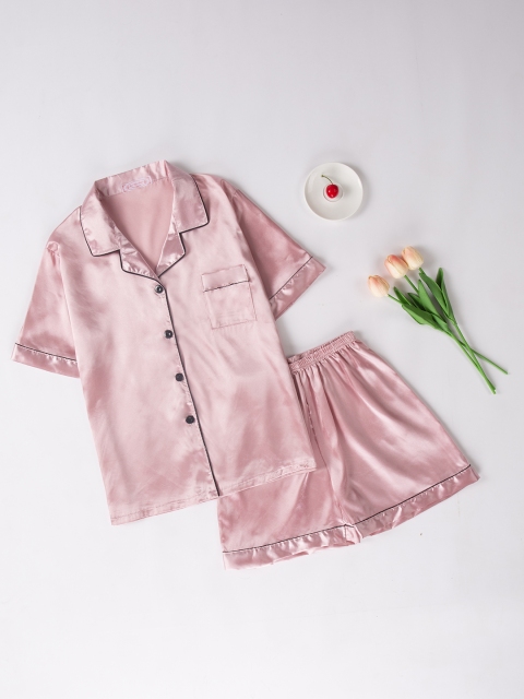 

URBANIC Women Pink Satin Finish Short Set