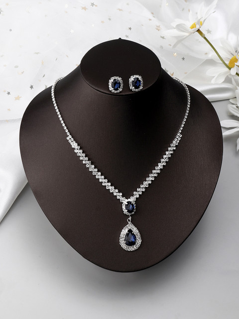 

URBANIC Silver-Toned & Blue Artificial Stone Studded Jewellery Set