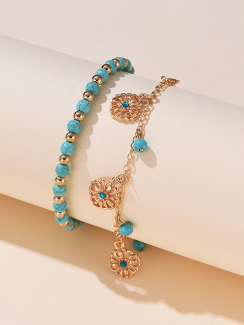 

URBANIC Women Set of 2 Gold-Toned & Blue Beaded Anklets