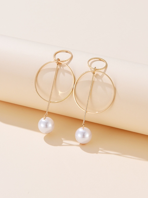 

URBANIC Gold-Toned & Off-White Beaded Circular Drop Earrings