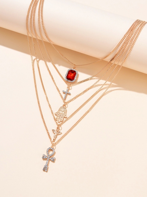 

URBANIC Gold-Toned & Red Stone-Studded Layered Necklace