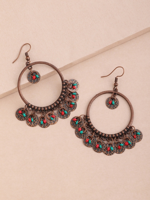 

URBANIC Copper-Toned & Pink Beaded Circular Drop Earrings