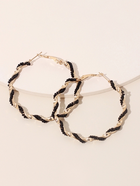 

URBANIC Gold-Toned & Black Twisted Beaded Circular Hoops