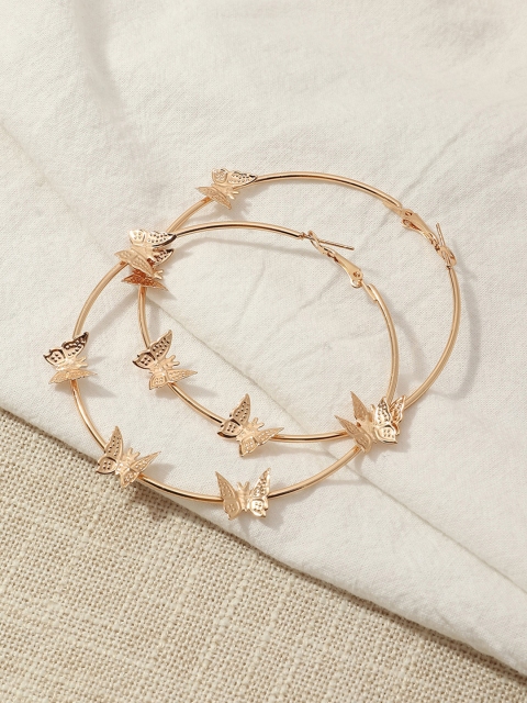 

URBANIC Gold-Toned Butterfly Textured Circular Hoop Earrings