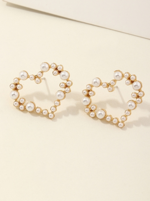 

URBANIC Gold-Toned & Off White Heart Shaped Beaded Drop Earrings