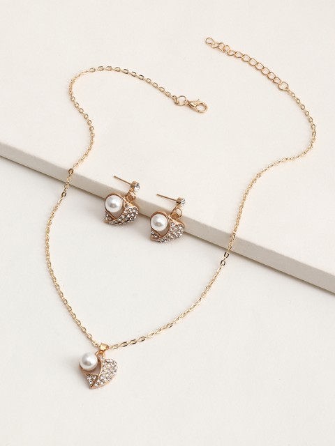 

URBANIC Gold-Toned & Off-White Stone-Studded Beaded Jewellery Set