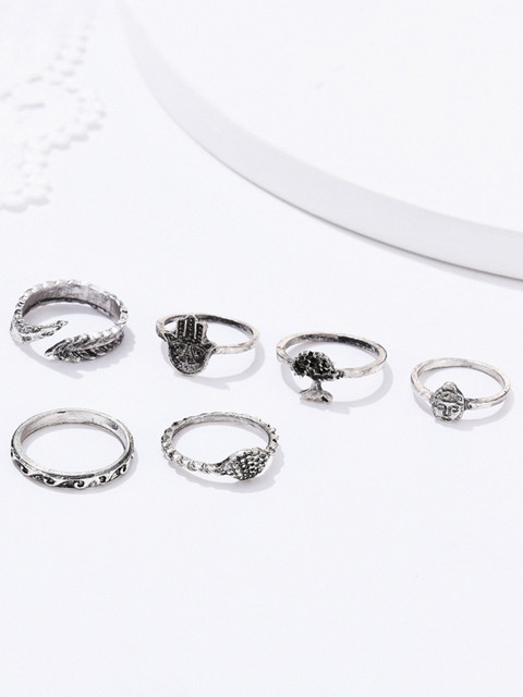 

URBANIC Set of 6 Silver-Toned Oxidised Finger Rings
