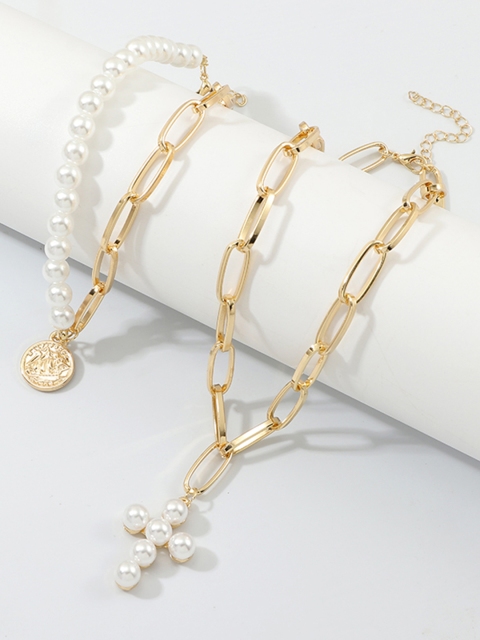 

URBANIC Set of 2 Gold-Toned & White Beaded Necklaces with Charm Detail