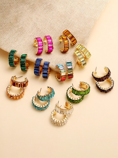 

URBANIC Gold-Toned Stone-Studded Crescent Shaped Half Hoop Earrings