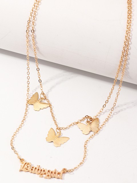 

URBANIC Gold-Toned Layered Butterfly Studded Link Layered Necklace