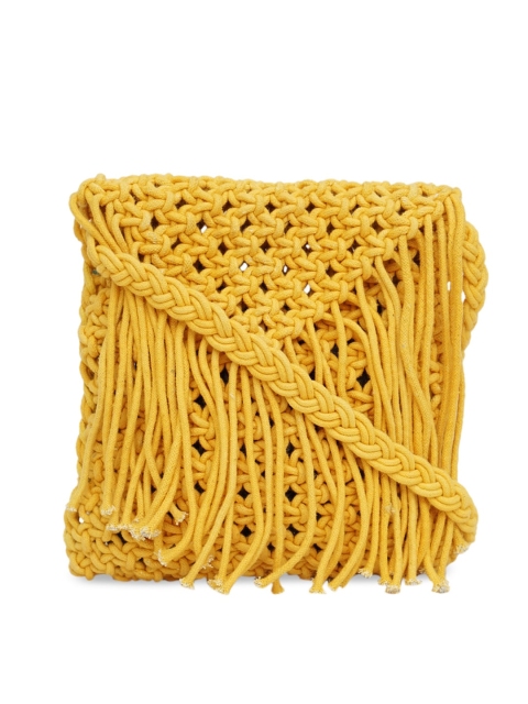 

Diwaah Yellow Structured Self Design Cotton Sling Bag with Fringes