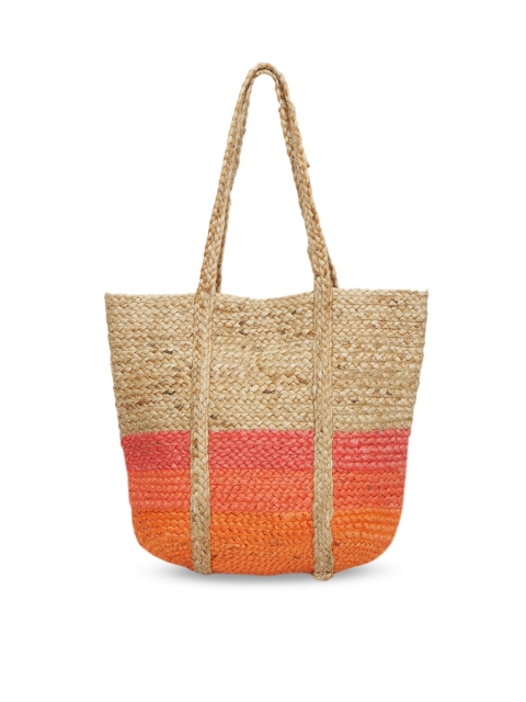

Diwaah Beige & Orange Colourblocked Shopper Jute Tote Bag