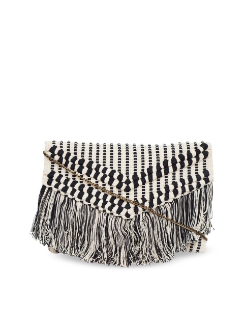 

Diwaah Off White & Black Textured Pure Cotton Swagger Sling Bag With Tassels Detail