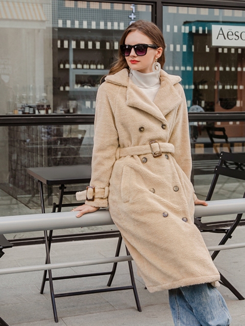 

URBANIC Women Beige Solid Faux Fur Relaxed Fit Double Breasted Overcoat with Belt
