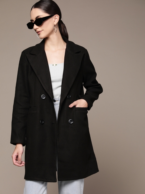 

URBANIC Women Black Solid Button Wool Look OverCoat