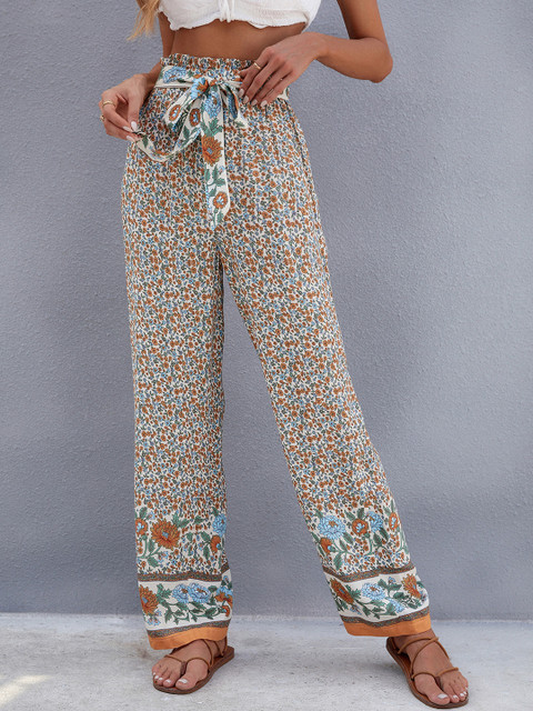 

URBANIC Women Blue & Orange Floral Print Relaxed Fit Wide Leg Trousers