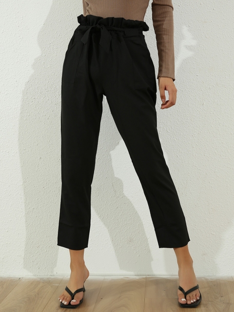 

URBANIC Women Black Solid Straight Fit High-Rise Trousers